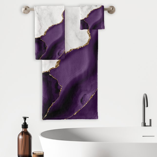White Marble Purple Violet Agate Gold Glitter Bath Towel Set (Creator Uploaded)