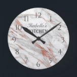 White Marble  Rose Gold Copper Glitter Kitchen Round Clock<br><div class="desc">Elegant Chic Rose Gold and White Marble Monogram home decor design ready to personalise with your monogram.</div>