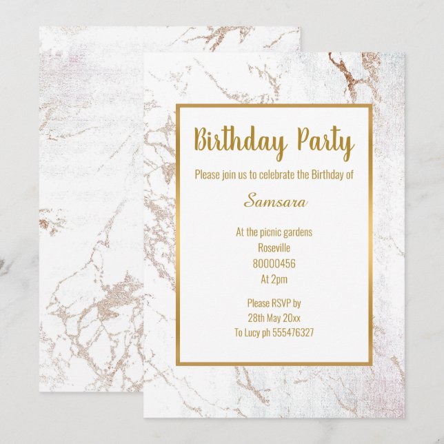 White Marble Rose Gold Double sided BIRTHDAY Invitation (Front/Back)