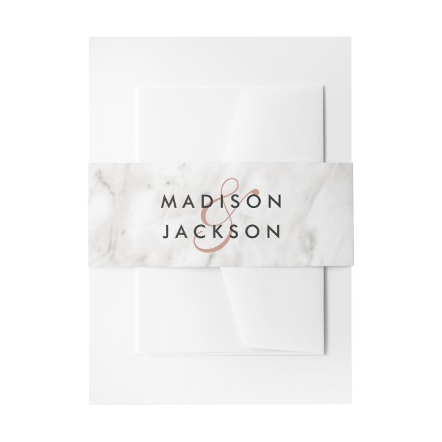White Marble & Rose Gold Elegant Wedding Monogram Invitation Belly Band (Front Example)