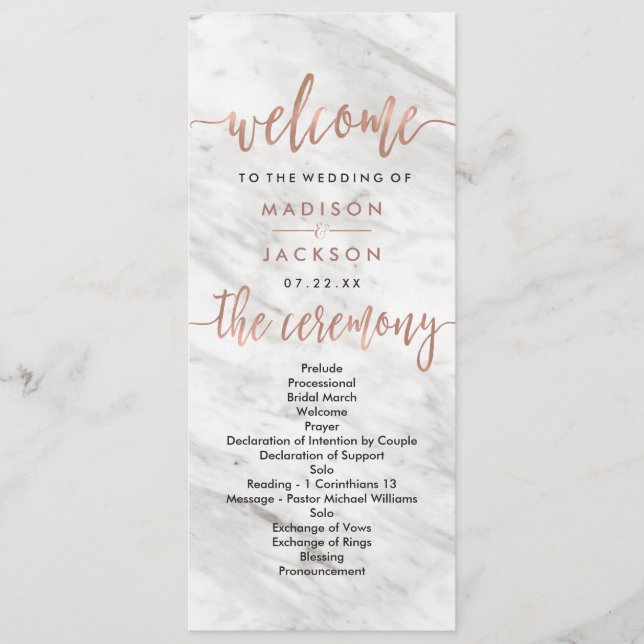 White Marble & Rose Gold Elegant Wedding Program Programme (Front)