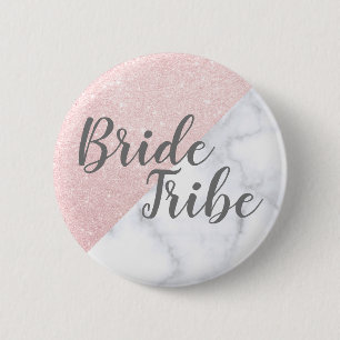 White marble & rose gold glitter brides tribe 6 cm round badge