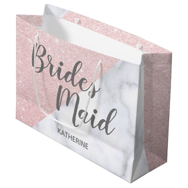 White marble & rose gold glitter bridesmaid large gift bag (Front Angled)