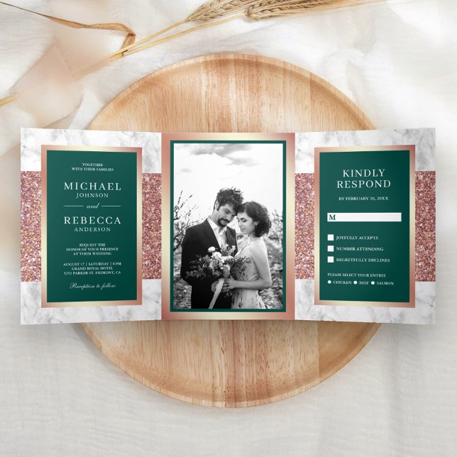 White Marble Rose Gold Glitter Emerald Wedding Tri-Fold Invitation (Creator Uploaded)