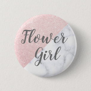White marble & rose gold glitter flower girl 6 cm round badge