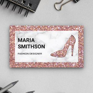 White Marble Rose Gold Glitter High Heels Business Card