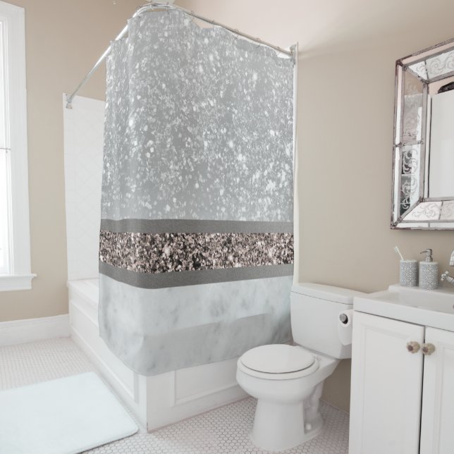 White Marble Rose Gold Glitter Stripe Glam #1 Shower Curtain (In Situ)
