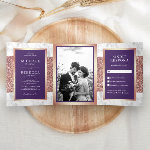 White Marble Rose Gold Glitter Violet Wedding Tri-Fold Invitation