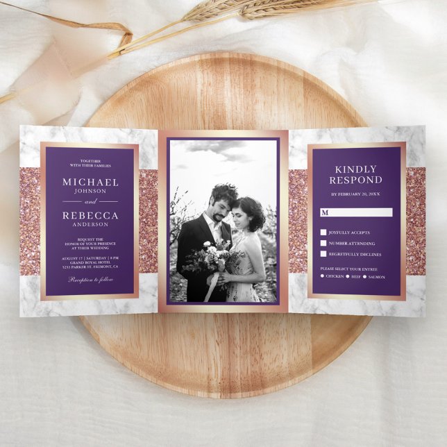White Marble Rose Gold Glitter Violet Wedding Tri-Fold Invitation (Creator Uploaded)