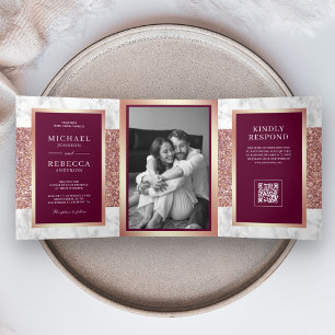 White Marble Rose Gold Magenta QR Code Wedding Tri-Fold Invitation