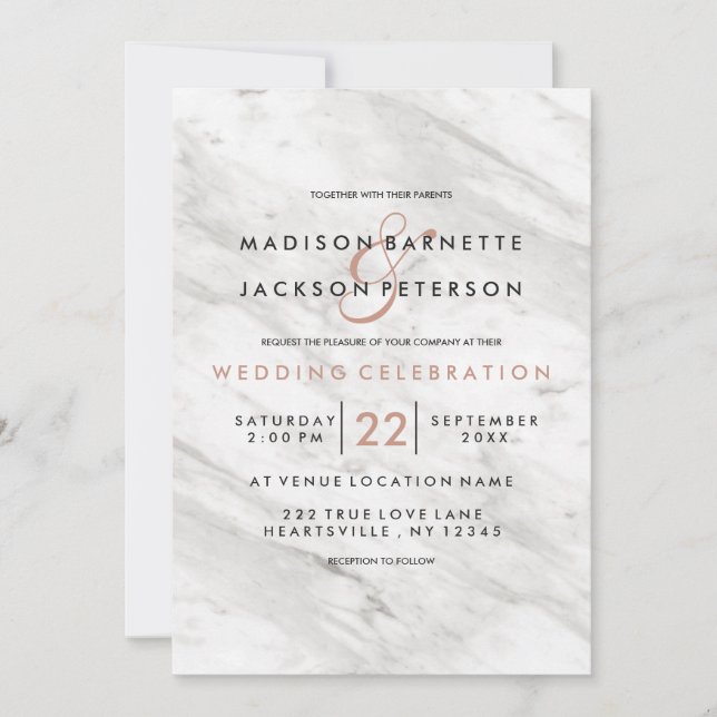 White Marble Rose Gold Modern Wedding Invitations (Front)
