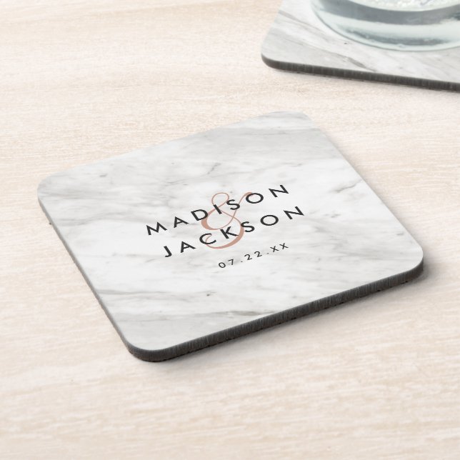 White Marble & Rose Gold Modern Wedding Monogram Coaster (Left Side)