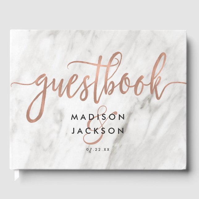 White Marble & Rose Gold Modern Wedding Monogram Guest Book (Front)