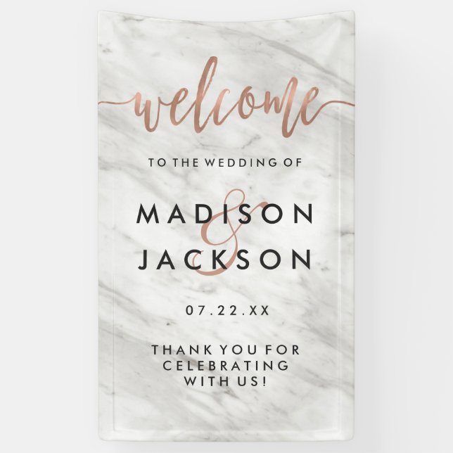 White Marble & Rose Gold Modern Wedding Welcome Banner (Vertical)
