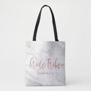 White Marble & Rose Gold Monogram Bride Tribe Tote Bag