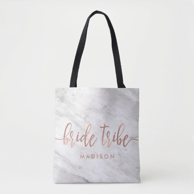 White Marble & Rose Gold Monogram Bride Tribe Tote Bag (Front)
