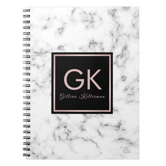 White Marble Rose Gold Monogram Notebook (Front)
