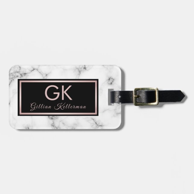 White Marble Rose Gold Monogrammed Name Luggage Tag (Front Horizontal)