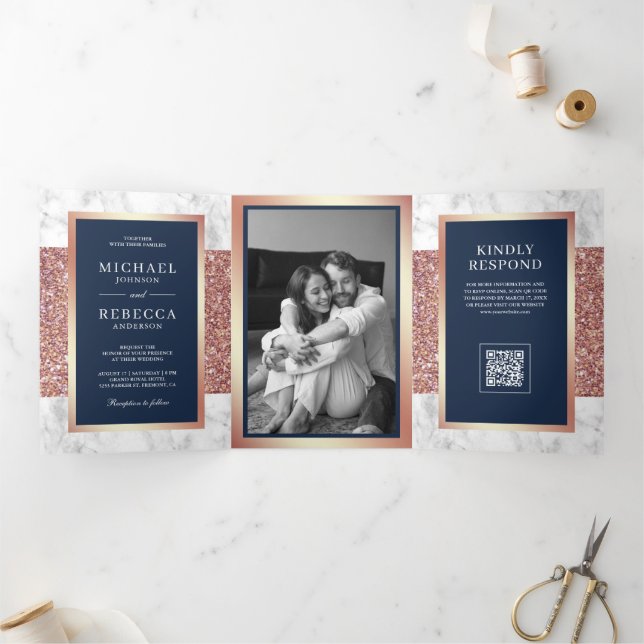 White Marble Rose Gold Navy Blue QR Code Wedding Tri-Fold Invitation (Inside)
