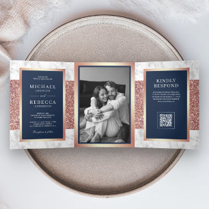 White Marble Rose Gold Navy Blue QR Code Wedding Tri-Fold Invitation