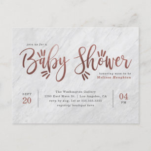 White Marble & Rose Gold Script Baby Shower Invitation Postcard