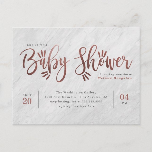 White Marble & Rose Gold Script Baby Shower Invitation Postcard (Front)