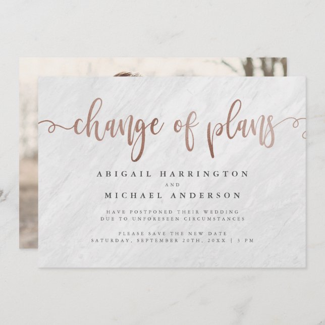 White Marble & Rose Gold Script Change Of Plans Invitation (Front/Back)