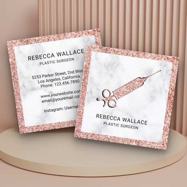 White Marble Rose Gold Syringe Plastic Surgeon Square Business Card (Creator Uploaded)