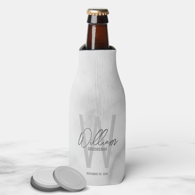 White Marble Script Personalised Groomsman's Name Bottle Cooler (Creator Uploaded)