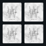 White Marble Script Personalised Groomsman's Name Coaster Set<br><div class="desc">Modern Minimalist Personalised Monogram and Name Gifts This design features personalised groomsman's name in grey modern handwriting script font style and monogram in light grey modern sans serif font style as background, with wedding details in grey modern sans serif font style, on white marble background. Also perfect for best man,...</div>