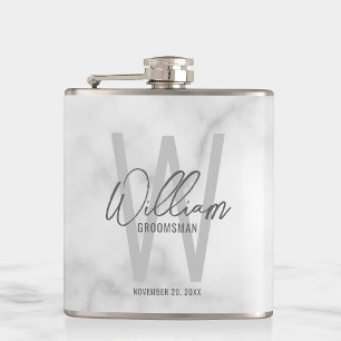 White Marble Script Personalised Groomsman's Name Hip Flask