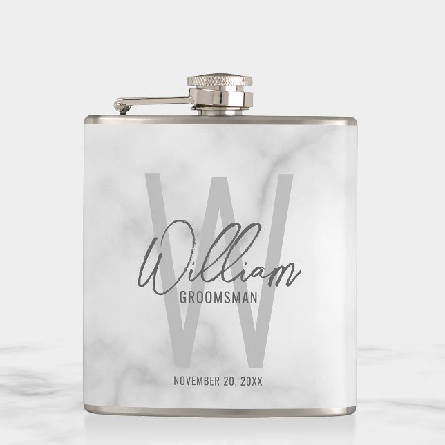White Marble Script Personalised Groomsman's Name Hip Flask (Creator Uploaded)