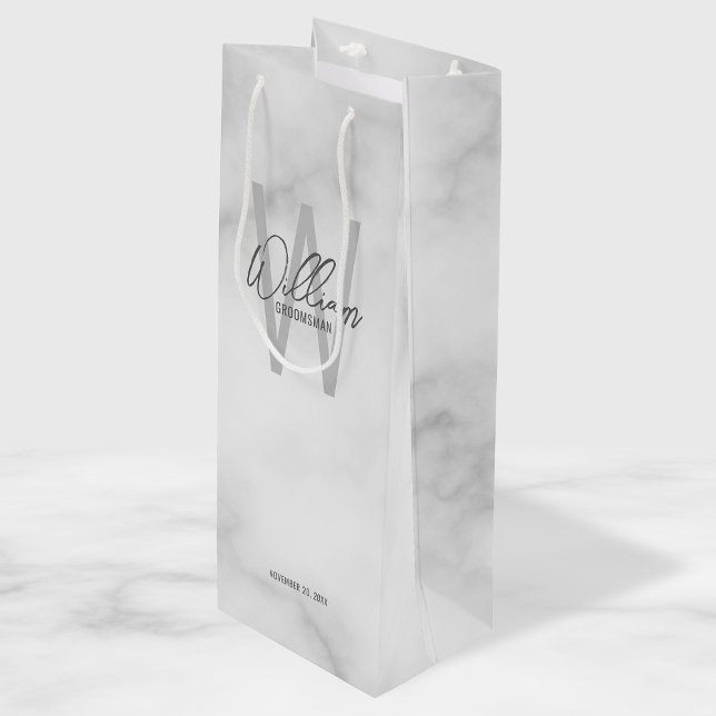White Marble Script Personalised Groomsman's Name Wine Gift Bag (Creator Uploaded)
