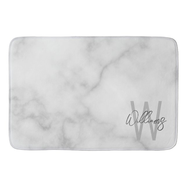White Marble Script Personalised Monogram and Name Bath Mat (Front)
