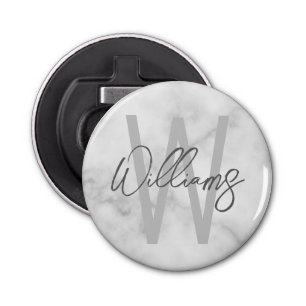 White Marble Script Personalised Monogram and Name Bottle Opener