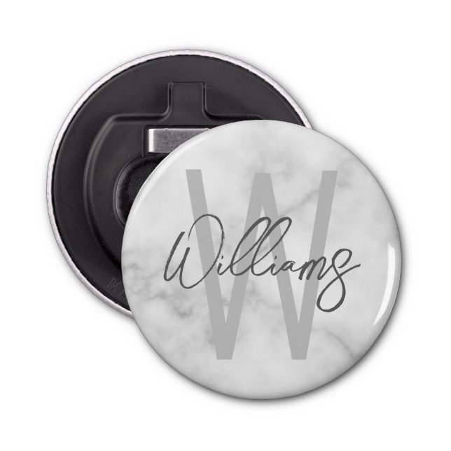 White Marble Script Personalised Monogram and Name Bottle Opener (Front)