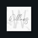 White Marble Script Personalised Monogram and Name Canvas Print<br><div class="desc">Modern Minimalist Personalised Monogram and Name Gifts
This design features personalised name in grey modern handwriting script font style and monogram in light grey modern sans serif font style as background,  on white marble background.</div>