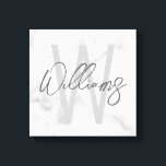 White Marble Script Personalised Monogram and Name Canvas Print<br><div class="desc">Modern Minimalist Personalised Monogram and Name Gifts
This design features personalised name in grey modern handwriting script font style and monogram in light grey modern sans serif font style as background,  on white marble background.</div>