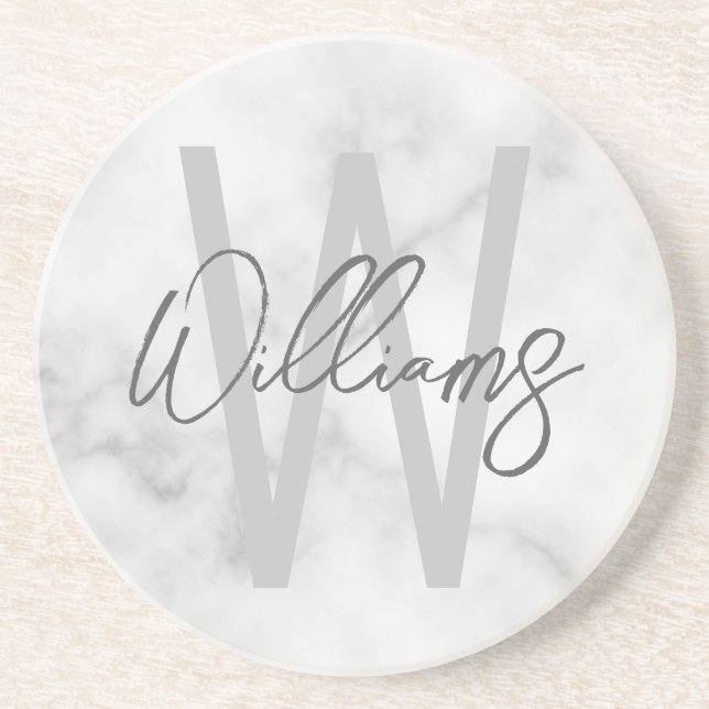 White Marble Script Personalised Monogram and Name Coaster (Front)