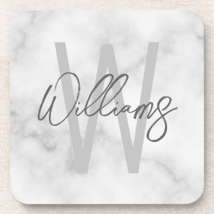 White Marble Script Personalised Monogram and Name Coaster