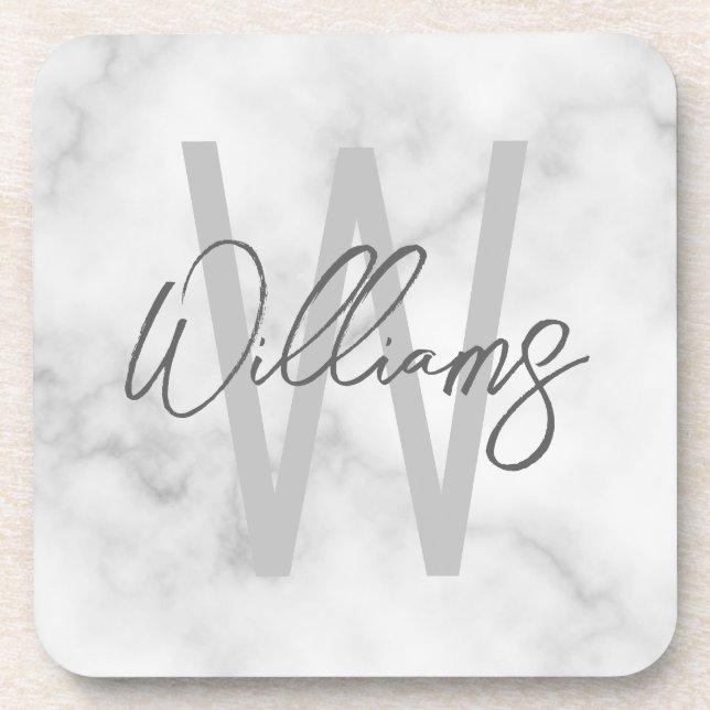 White Marble Script Personalised Monogram and Name Coaster (Front)