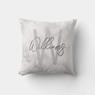 White Marble Script Personalised Monogram and Name Cushion