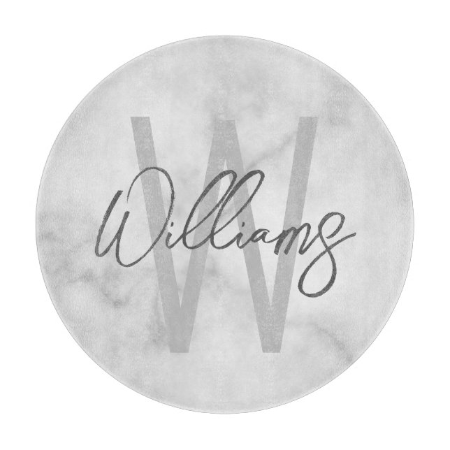 White Marble Script Personalised Monogram and Name Cutting Board (Front)