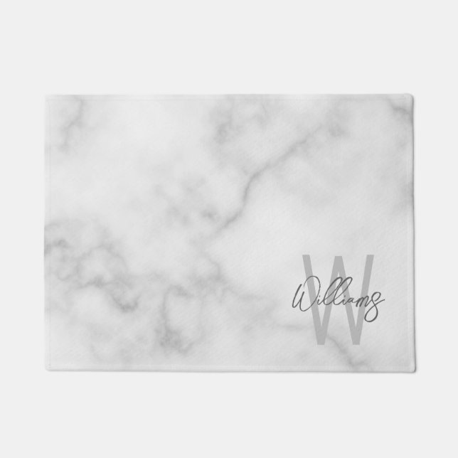 White Marble Script Personalised Monogram and Name Doormat (Front)