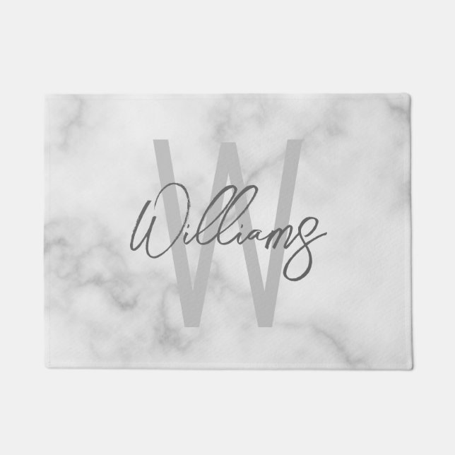 White Marble Script Personalised Monogram and Name Doormat (Front)
