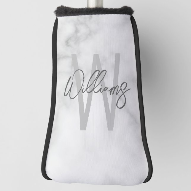 White Marble Script Personalised Monogram and Name Golf Head Cover (Rotate 90)