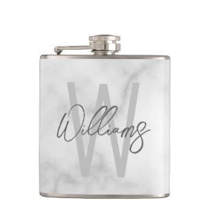 White Marble Script Personalised Monogram and Name Hip Flask