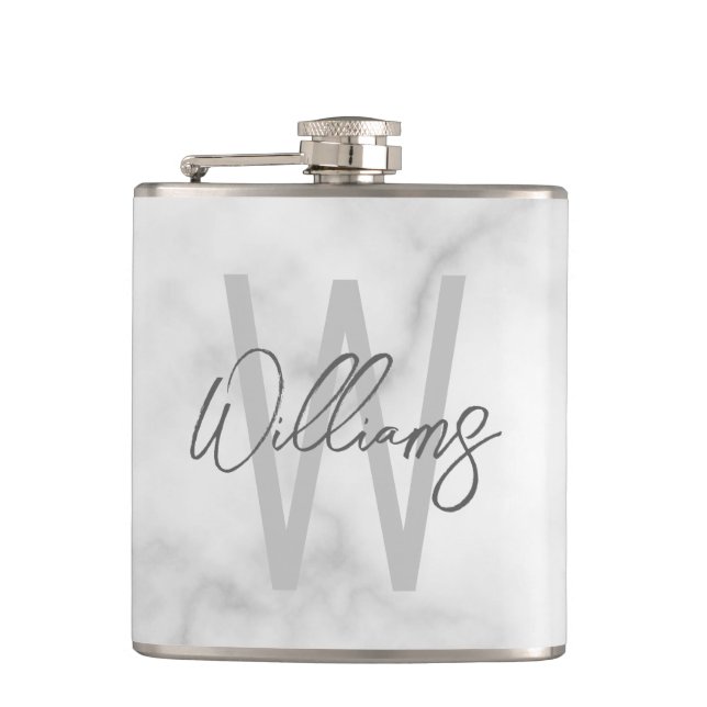 White Marble Script Personalised Monogram and Name Hip Flask (Front)