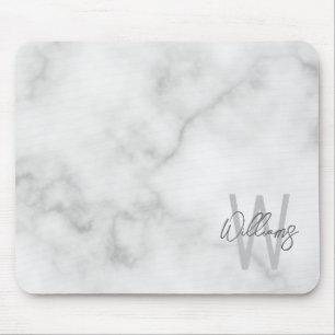 White Marble Script Personalised Monogram and Name Mouse Mat