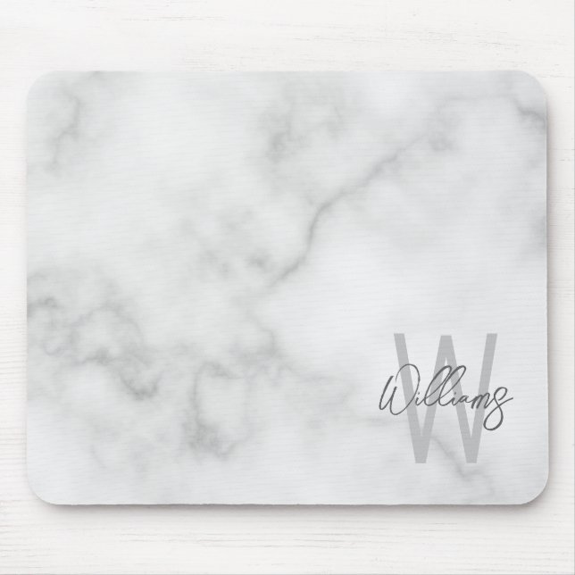 White Marble Script Personalised Monogram and Name Mouse Mat (Front)